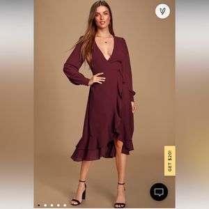 LuLus Burgundy Ruffled Midi Wrap Dress SM